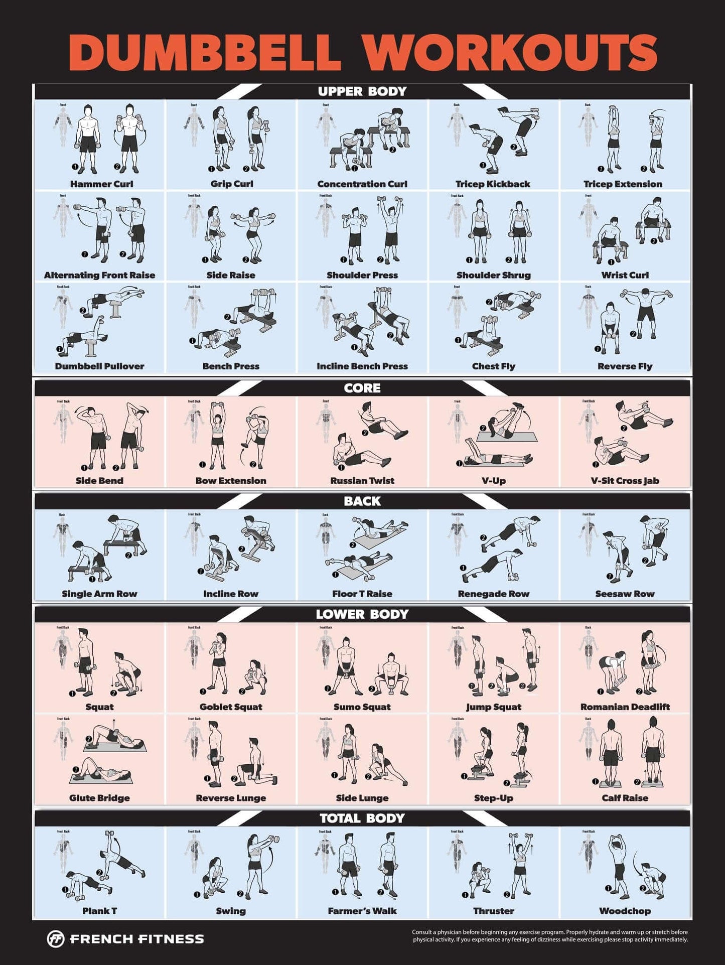 French Fitness Dumbbell Workout Training Charts / Posters (New)