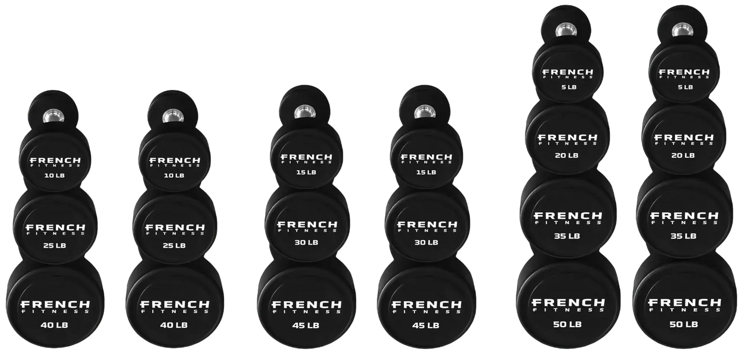 French Fitness Urethane Round Pro Style Dumbbell V2 Set, 5-50 lbs (New)