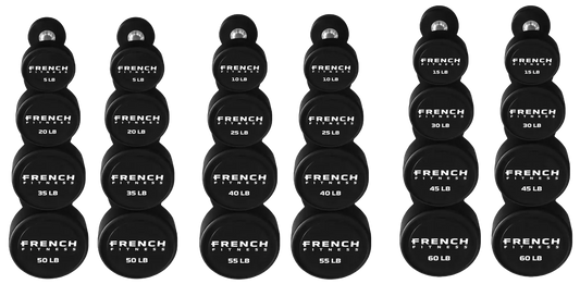 French Fitness Urethane Round Pro Style Dumbbell V2 Set, 5-60 lbs (New)
