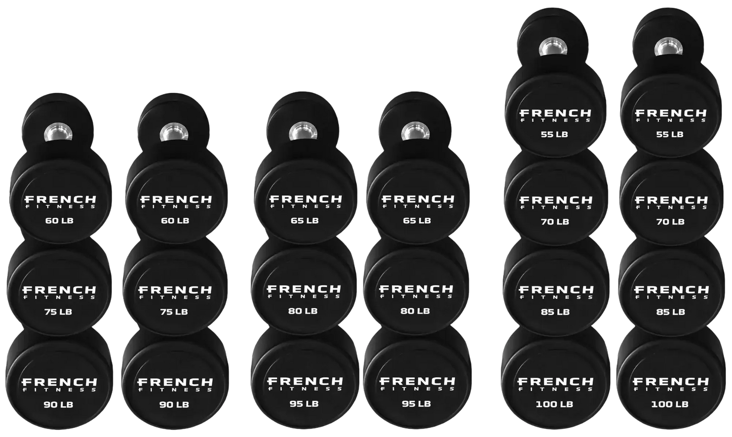 French Fitness Urethane Round Pro Style Dumbbell V2 Set, 55-100 lbs (New)
